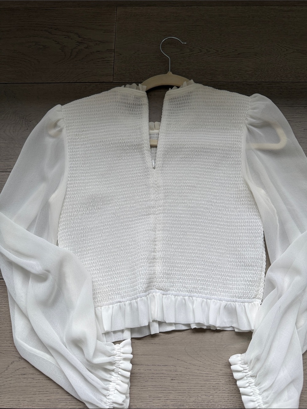 WILFRED Sheer-Sleeve White Textured Blouse with Ruffle Hem - Picture 4 of 6